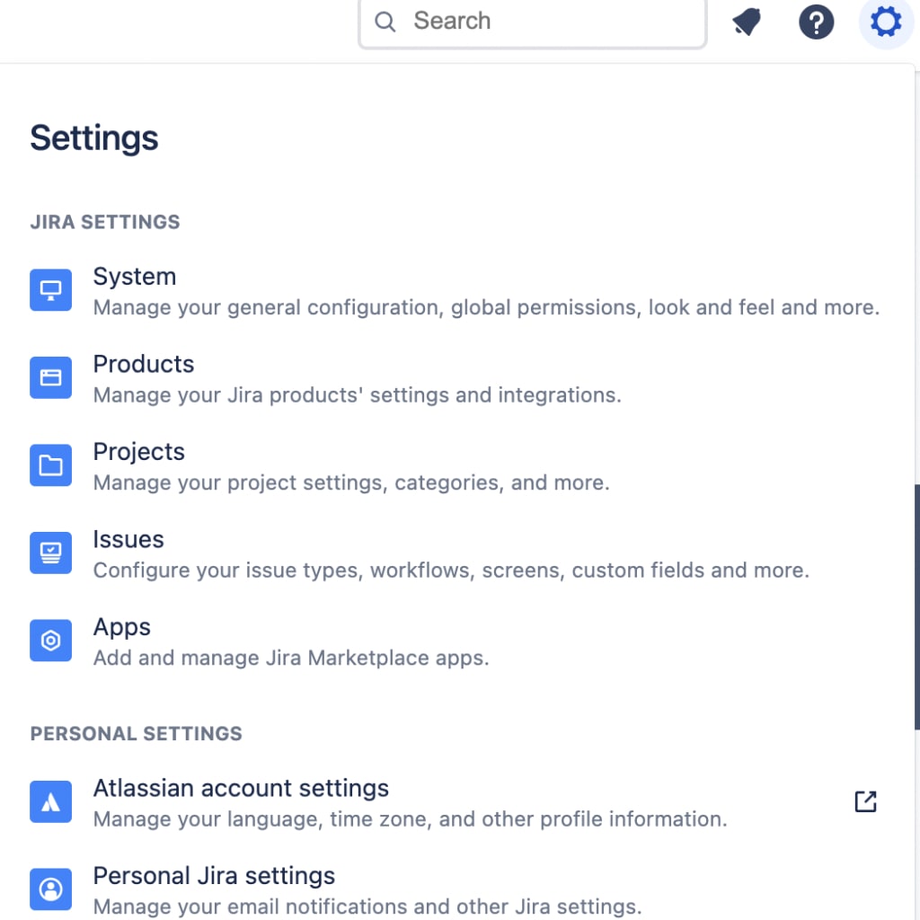 Settings Menu in Jira